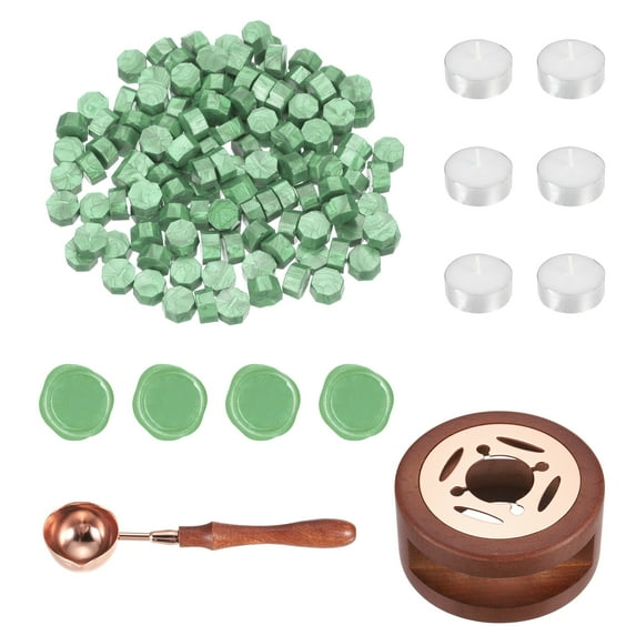 Uxcell Wax Seal Kit, 300 Pcs Wax Sealing Beads, Wooden Warmer, Melted Spoon, 10 Tealight Candles, Clear Yellow
