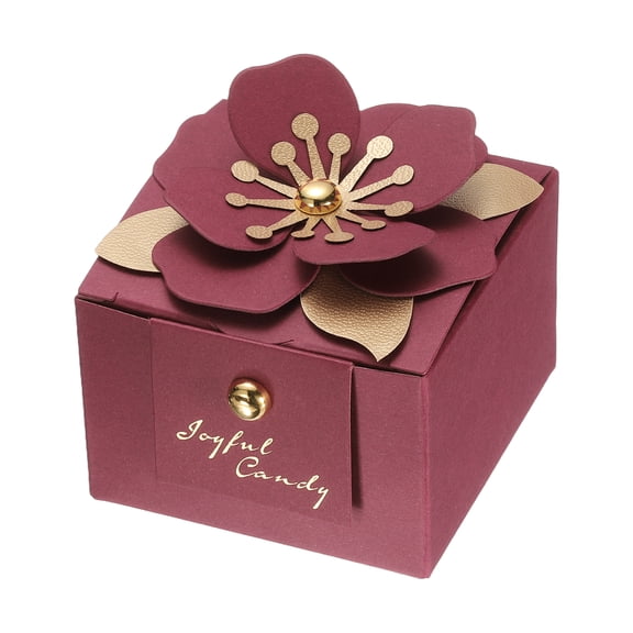 Uxcell Wedding Favor Boxes, (2.5 x 2.5 Inch, Dark Red)(25 Pcs), Square Paper Flower Candy Boxes with Dark Red Floral Decor Thanks Card, Suitable for Wedding/Birthday/Party/Decorations