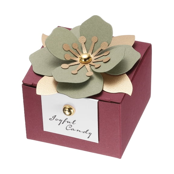 Uxcell Wedding Favor Boxes, (2.5 x 2.5 Inch, Dark Red)(25 Pcs), Square Paper Flower Candy Boxes with Light Green Floral Decor Thanks Card, Suitable for Wedding/Birthday/Party/Decorations