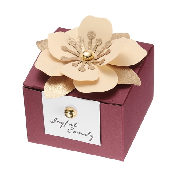 Uxcell Wedding Favor Boxes, (2.5 x 2.5 Inch, Dark Red)(25 Pcs), Square Paper Flower Candy Boxes with Light Yellow Floral Decor Thanks Card, Suitable for Wedding/Birthday/Party/Decorations