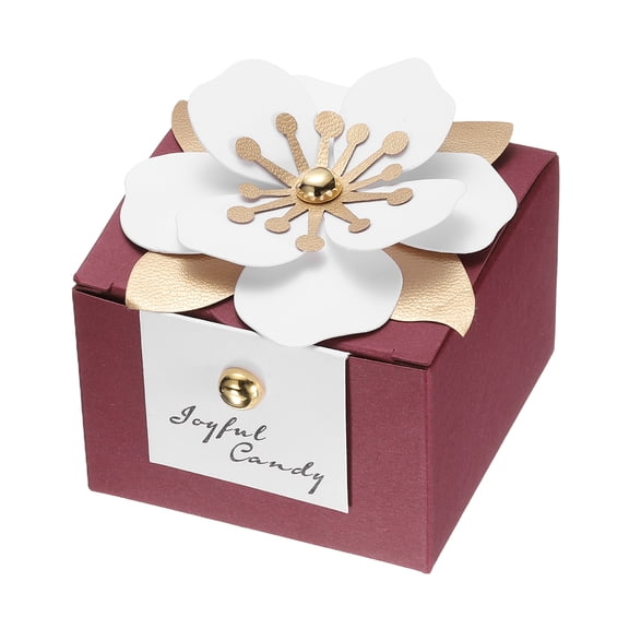 Uxcell Wedding Favor Boxes, (2.5 x 2.5 Inch, Dark Red)(25 Pcs), Square Paper Flower Candy Boxes with White Floral Decor Thanks Card, Suitable for Wedding/Birthday/Party/Decorations