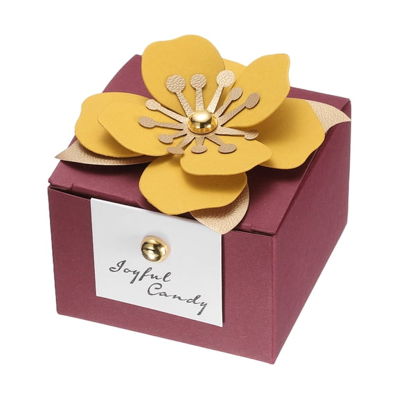 Uxcell Wedding Favor Boxes, (2.5 x 2.5 Inch, Dark Red)(25 Pcs), Square Paper Flower Candy Boxes with Yellow Floral Decor Thanks Card, Suitable for Wedding/Birthday/Party/Decorations