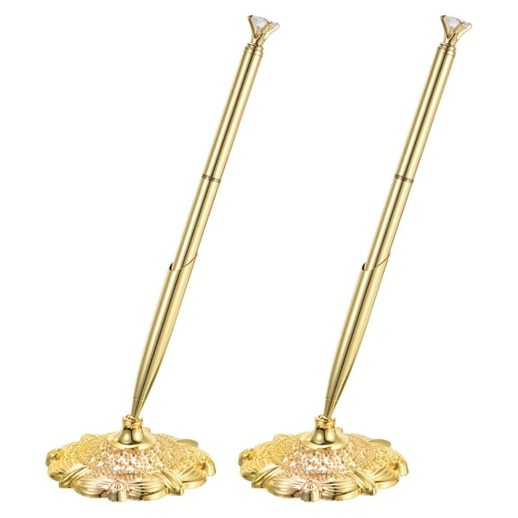 Uxcell Wedding Pen with Pen Holder, 2 Sets Small Diamond Guest Book Pen with Holder Hollow Round Pen Holder and Pen Set, Gold Tone