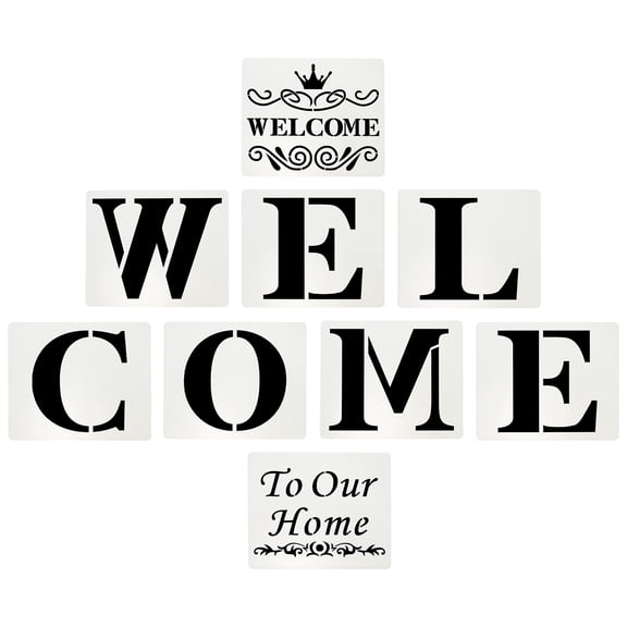 Uxcell Welcome Stencils, 9Pcs Uxcell Welcome Template Reusable Plastic Sign Templates Stencils for Fabric Wall Spray Painting Mailbox Sign Wood Art, Style 2, White