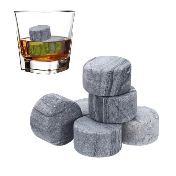 Uxcell Whiskey Stones Reusable Ice Cubes Gifts Round Grey Wood-grain 6Pcs, Reusable Whiskey Chilling Rocks Natural Stone, Non-Diluting Cold Keeping Home Bar Party Gifts for Men