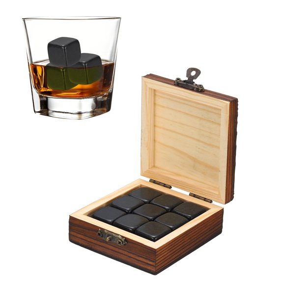 Uxcell Whiskey Stones Reusable Ice Cubes Gifts Solid Black 9Pcs, Reusable Whiskey Chilling Rocks Natural Stone, Non-Diluting Cold Keeping Home Bar Party Gifts for Men