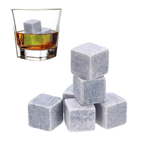 Uxcell Whiskey Stones Reusable Ice Cubes Gifts Texture Grey 6Pcs, Reusable Whiskey Chilling Rocks Natural Stone, Non-Diluting Cold Keeping Home Bar Party Gifts for Men