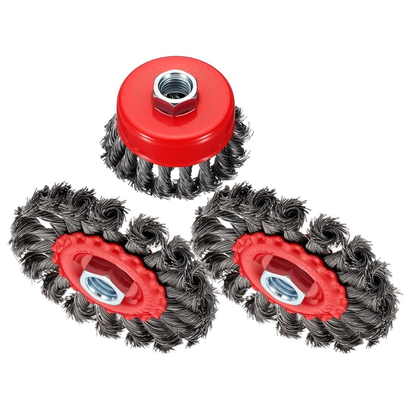 Uxcell Wire Brush for Angle Grinder Kit, 3pcs Twist Knotted Wire Brush for Grinder with 5/8"-11 Arbor, [for Heavy Rust Deburring Paint Removal] - 0.02in Carbon Steel Wire, Red