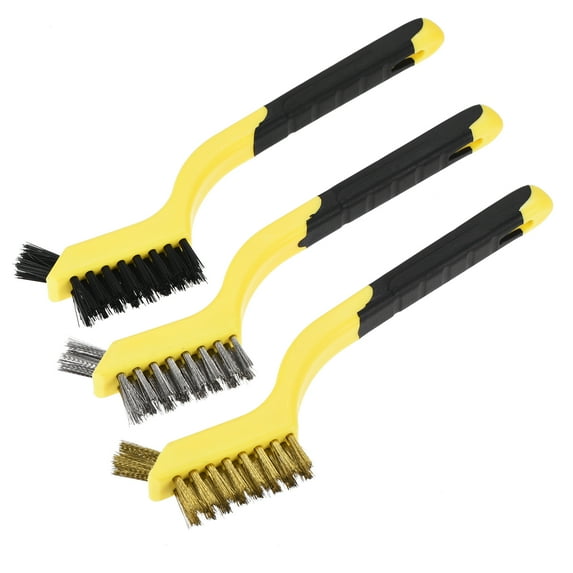 Uxcell Wire Brush Set Nylon/Stainless Steel/Brass Brushes Yellow Black Curved Handle, 3 Count