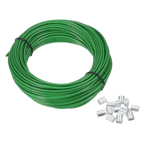 Uxcell 1/8" Wire Rope Vinyl Coated 66ft Steel Wire Cable with Crimping Sleeve Green
