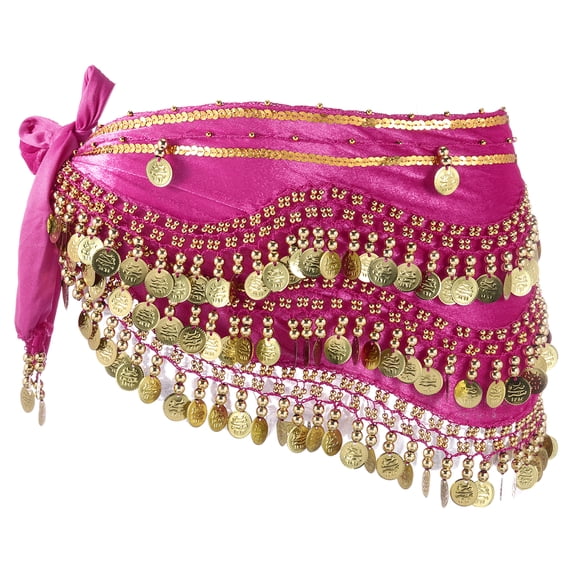 Uxcell Women's Belly Dance Hip Scarf with Sequins Triangle Wrap Skirts Waist Chain for Party Costume Performance Rose Pink