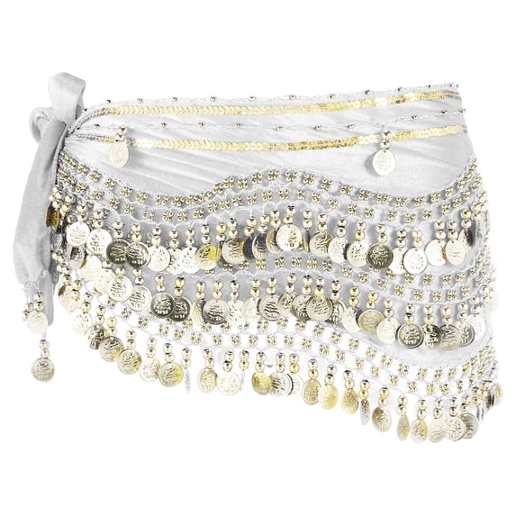 Uxcell Women's Belly Dance Hip Scarf with Sequins Triangle Wrap Skirts Waist Chain for Party Costume Performance White