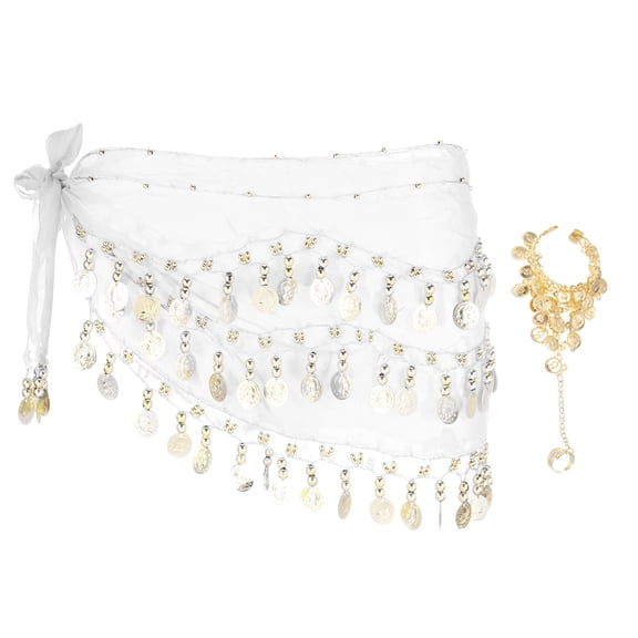 Uxcell Women's Belly Dance Hip Scarf with Sequins Triangle Wrap Skirts Waist Chain for Party Costume Performance White