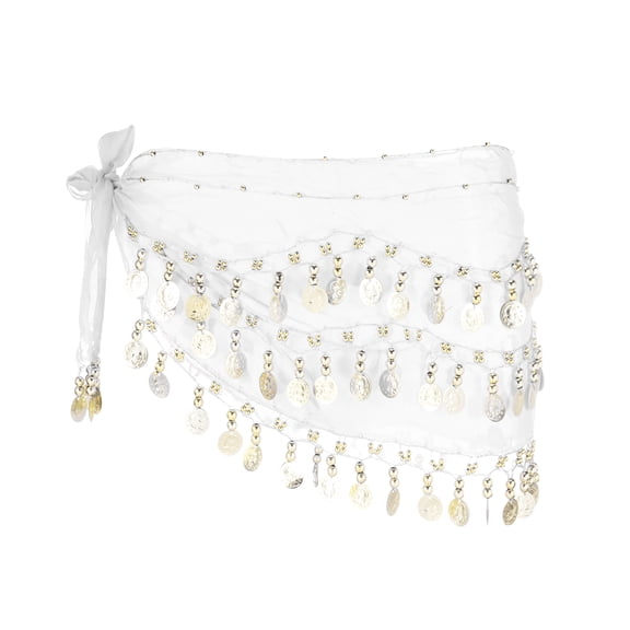 Uxcell Women's Belly Dance Hip Scarf with Sequins Triangle Wrap Skirts Waist Chain for Party Costume Performance White
