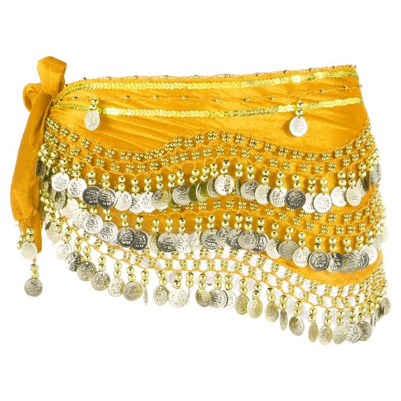Uxcell Women's Belly Dance Hip Scarf with Sequins Triangle Wrap Skirts Waist Chain for Party Costume Performance Yellow