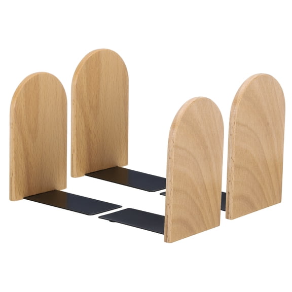 Uxcell Wood Bookend with Metal Base, 4 Pcs Non-skid Round Head Book Ends for Shelves, Beech Wood