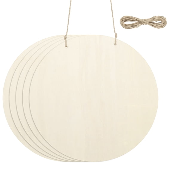 Uxcell Wood Circles for Crafts, 12 inch Pre-drilled Unfinished Wood with Rope, 5 Pcs