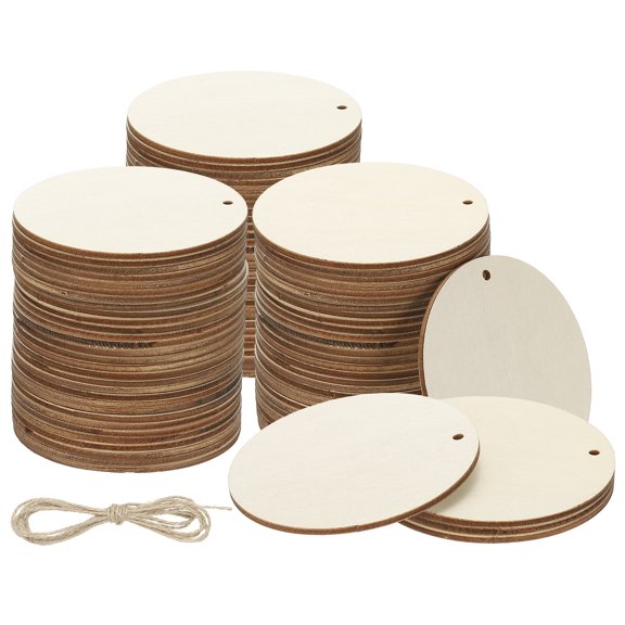 Uxcell Wood Circles for Crafts, 3 inch Pre-drilled Unfinished Wood with Rope, 90 Pcs