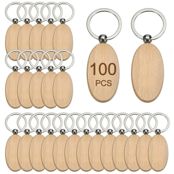Uxcell Wood Keychain Blanks, 2.12 Inch x 1.18 Inch Wood Engraving Blanks Key Chain Tag for DIY Crafts, Pack of 100