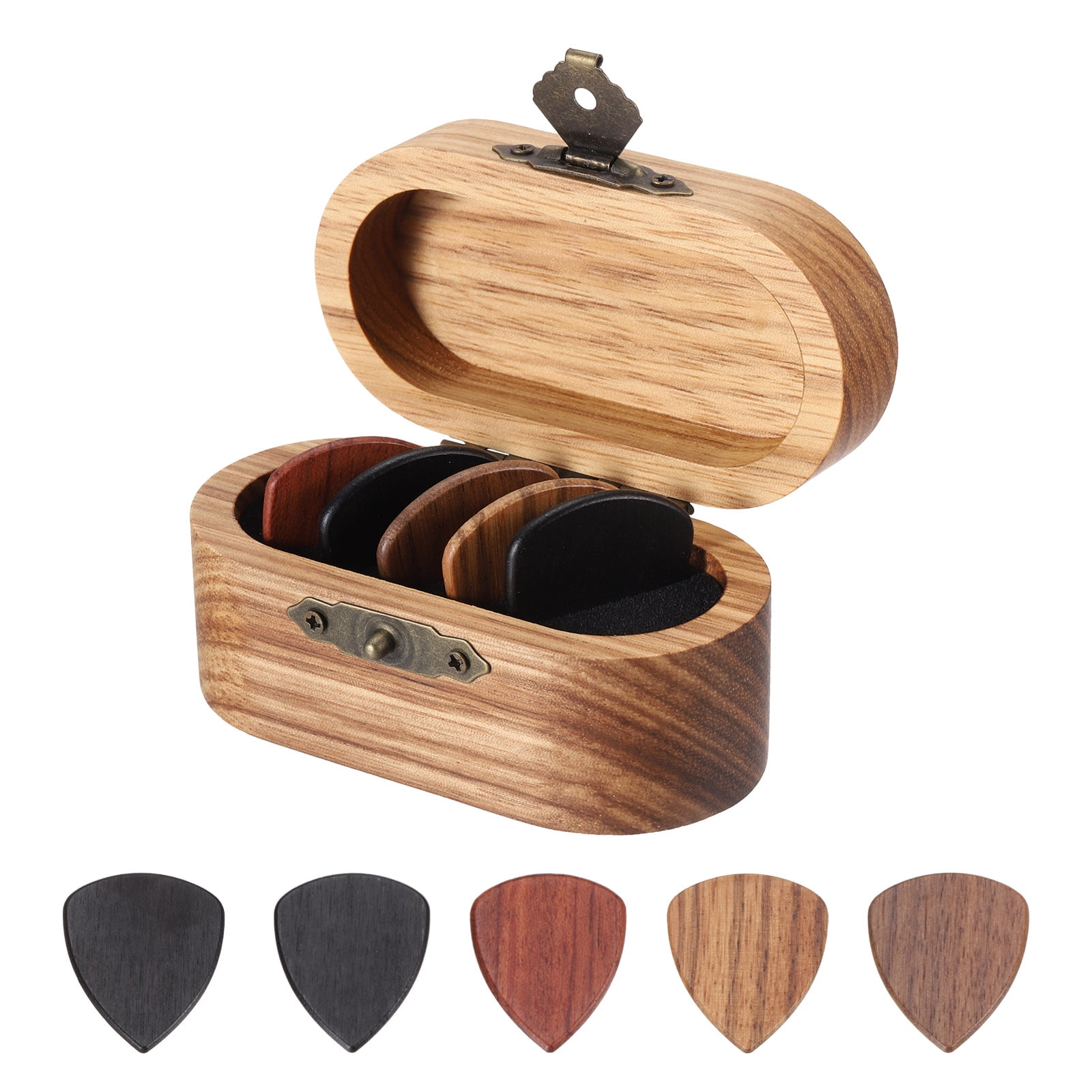 Uxcell Wooden Guitar Pick Holder Mini Guitar Picks Box Case with 5 Pack Flat Wood Guitar Picks Acoustic Guitar Box