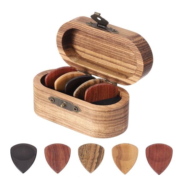 Uxcell Wooden Guitar Pick Holder Mini Guitar Picks Box Case with 5 Pack Grooves Wood Guitar Picks Acoustic Guitar Box