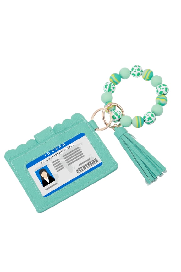 Wristlet Wallet Silicone Beads Keychain, Tassel Bracelet Key Ring with ID Card Holder, Wrist Purse Bracelet Key Chains for Women Car Accessories - 1 PCS (Blue)