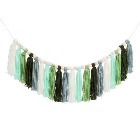 Uxcell Yarn Tassel Garland with Wood Beads, 3.7ft Cotton Tassel Banner Handmade Macrame Pastel Garland Wall Hangings for Wedding Christmas Birthday Party Decoration, Green Tone
