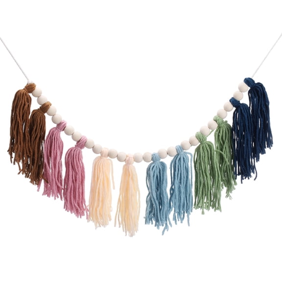 Uxcell Yarn Tassel Garland with Wood Beads, 3ft Cotton Tassel Banner Handmade Macrame Pastel Garland Wall Hangings for Wedding Christmas Birthday Party Decoration, Colorful-4