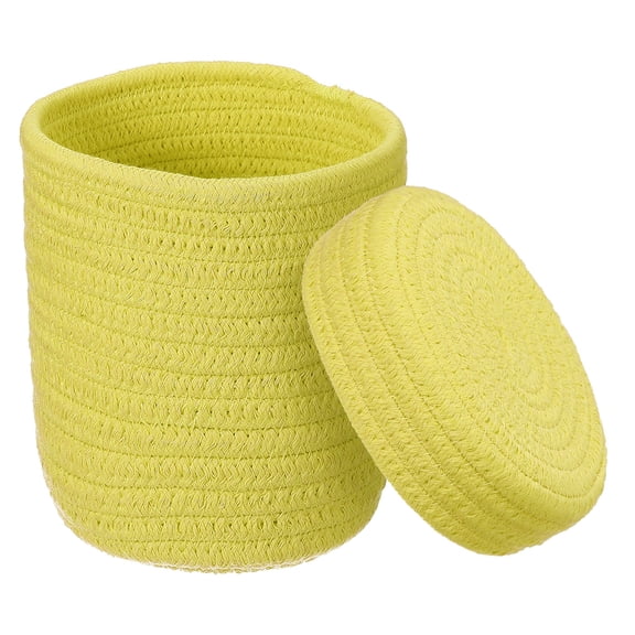 Uxcell Yellow Small Cotton Rope Woven Storage Basket, Shelf Closet Storage Gift Woven Baskets Cute Nursery Box Bin Decor Organization Bin for Home Supply, Round with Lid, 5.8x5.6"