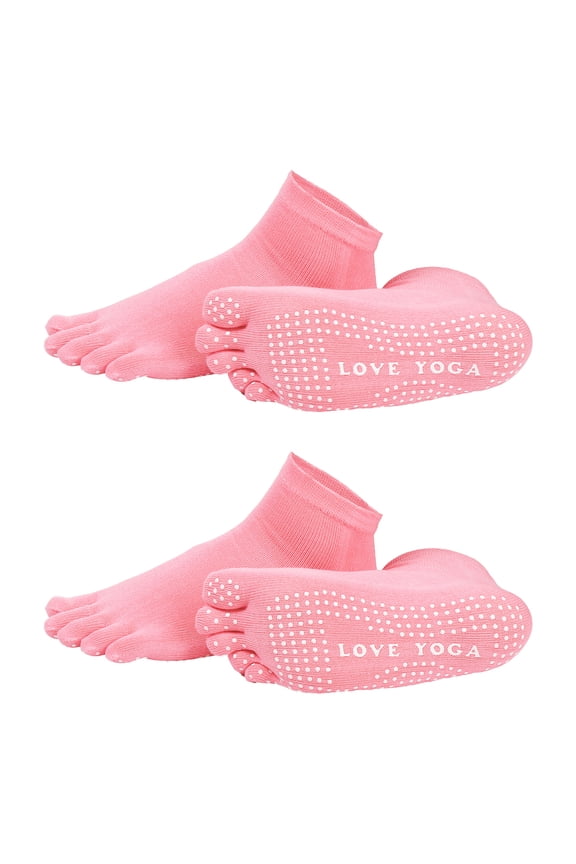 Yoga Toe Socks, Non-Slip Five Toe Socks Cotton Toe Sock Finger for Men Women High Performance Athletic Running One Size Fits -Fit for (Pilates/Barre/Ballet/Fitness) 2 Pairs & Pink