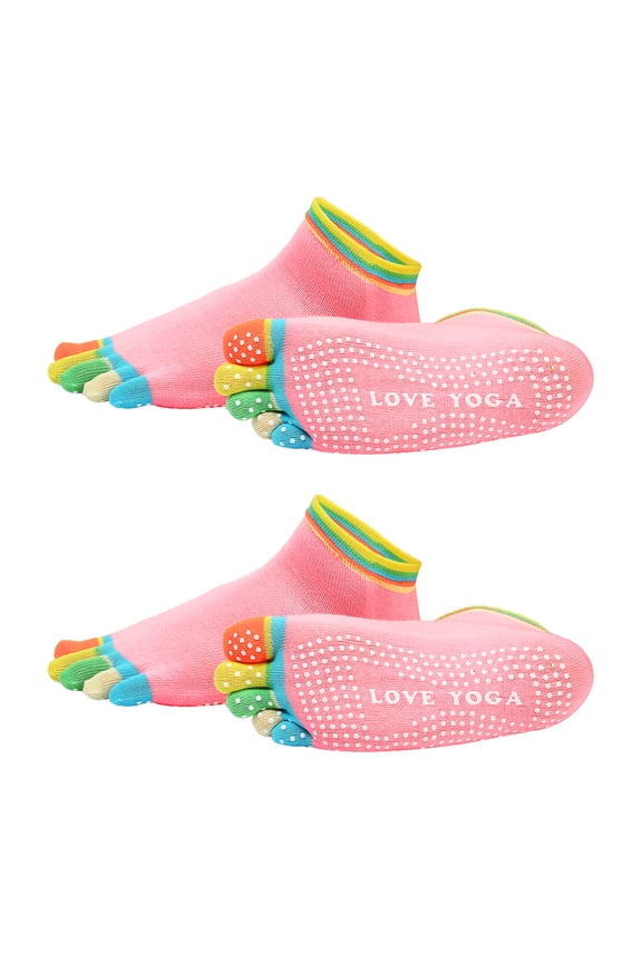 Yoga Toe Socks, Non-Slip Five Toe Socks Cotton Toe Sock Finger for Men Women High Performance One Size Fits -Fit for (Pilates/Barre/Ballet/Fitness) 2 Pairs & Colorful-Pink