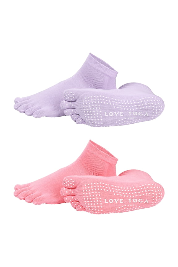 Yoga Toe Socks, Non-Slip Five Toe Socks Cotton Toe Sock Finger for Men Women High Performance One Size Fits -Fit for (Pilates/Barre/Ballet/Fitness) 2 Pairs & Pink/Light Purple