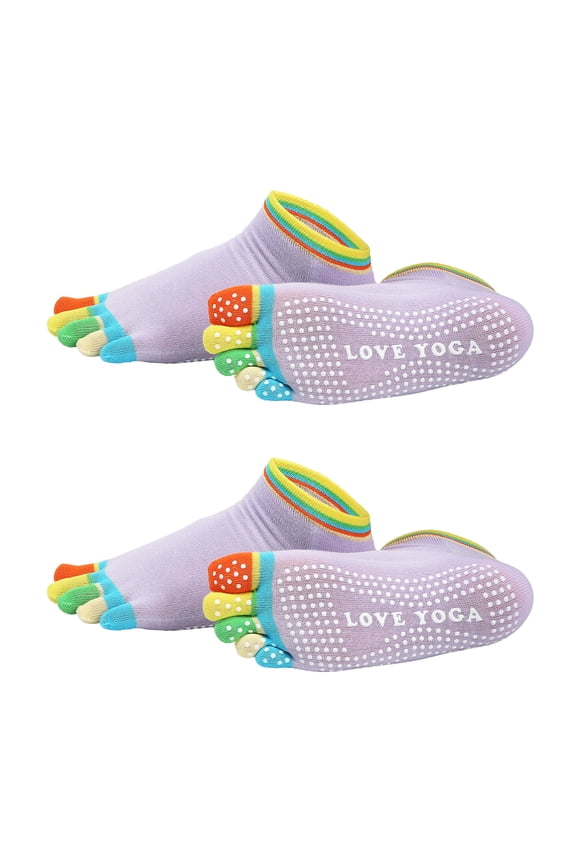 Yoga Toe Socks, Non-Slip Five Toe Socks Cotton Toe Sock Finger for Men Women High Performance One Size Fits -Fit for (Pilates/Barre/Ballet/Fitness) 2 Pairs & Colorful-Light Purple