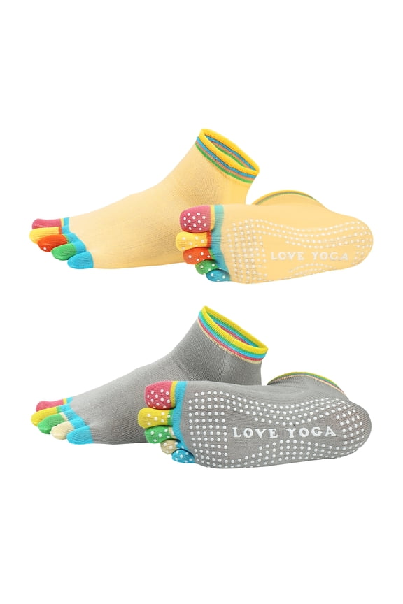 Yoga Toe Socks, Non-Slip Five Toe Socks Cotton Toe Sock Finger for Men Women High Performance One Size Fits -Fit for (Pilates/Barre/Ballet/Fitness) 2 Pairs & Colorful-Yellow/Grey