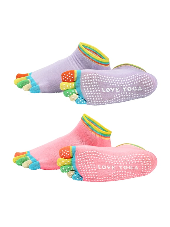 Yoga Toe Socks, Non-Slip Five Toe Socks Cotton Toe Sock Finger for Women High Performance One Size Fits -Fit for (Pilates/Barre/Ballet/Fitness) 2 Pairs & Colorful-Light Purple/Pink