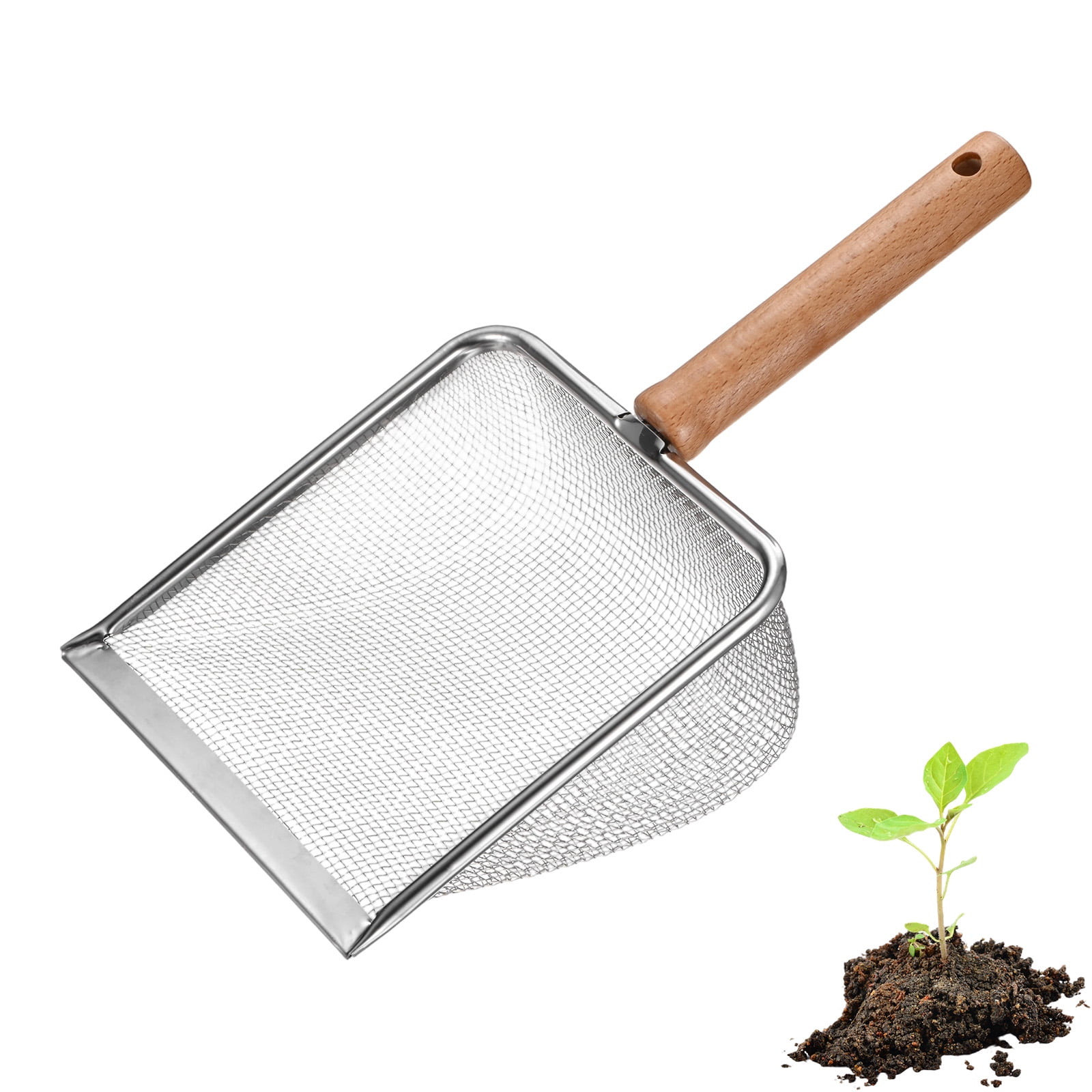 Uxcell1-Pack Gardening Soil Sifter, 2 mm Mesh Stainless Steel Sand Soil Compost Sieve with Beech Handle [Silver Tone]