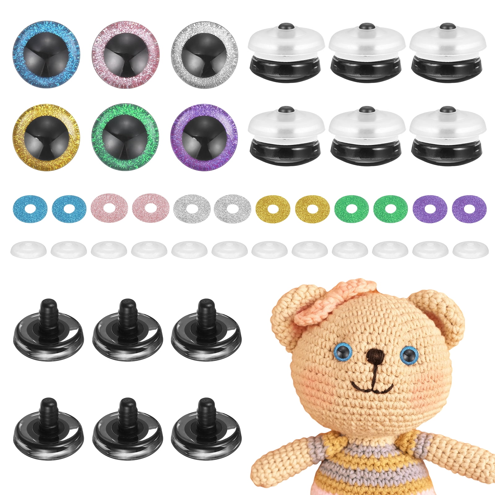 Uxcell12 Pcs Glitter Safety Eyes, 40mm Plastic 3D Crochet Doll Eyes with Washers and Drawstring Bag for Puppet Bear DIY Crafts Stuffed Animals Making Supplies, 6 Colors