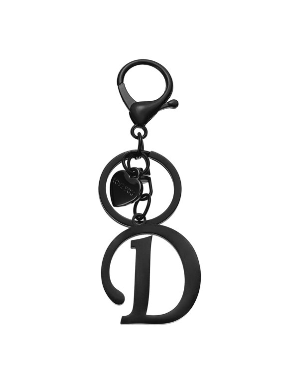 Initial Letter D Keychain, Stainless Steel Heart Alphabet Key Ring, Black