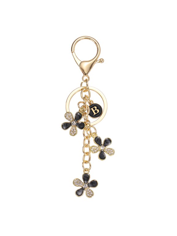 Initial Letter Flower Keychain, Cute Alphabet B Cherry Blossom Rhinestone Keyring for Women Girls Purse Backpack Handbag Charm Bling Sparkly Keychain, Black