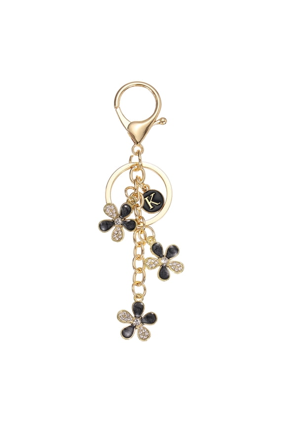 Initial Letter Flower Keychain, Cute Alphabet K Cherry Blossom Rhinestone Keyring for Women Girls Purse Backpack Handbag Charm Bling Sparkly Keychain, Black