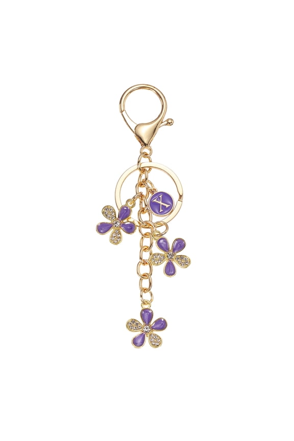 Initial Letter Flower Keychain, Cute Alphabet X Cherry Blossom Rhinestone Keyring for Women Girls Purse Backpack Handbag Charm Bling Sparkly Keychain, Purple