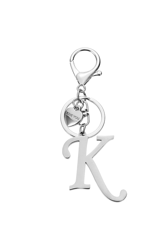 Initial Letter K Keychain, Stainless Steel Heart Alphabet Key Ring, Silver
