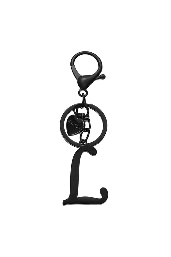 Initial Letter L Keychain, Stainless Steel Heart Alphabet Key Ring, Black