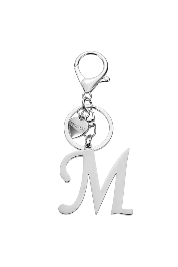 Initial Letter M Keychain, Stainless Steel Heart Alphabet Key Ring, Silver
