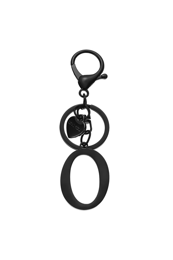 Initial Letter O Keychain, Stainless Steel Heart Alphabet Key Ring, Black