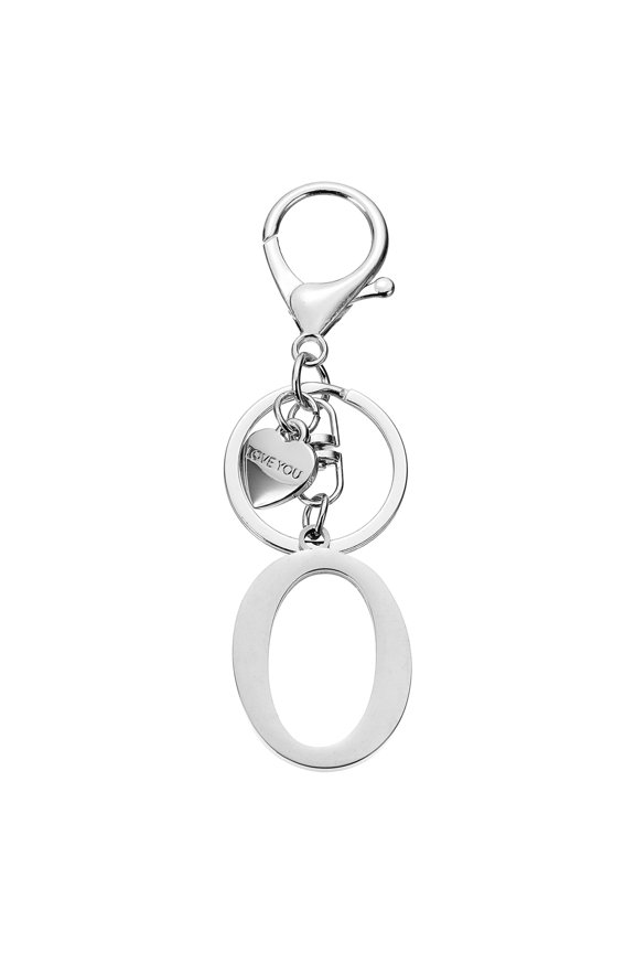 Initial Letter O Keychain, Stainless Steel Heart Alphabet Key Ring, Silver