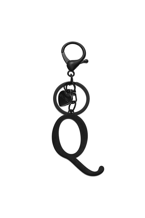 Initial Letter Q Keychain, Stainless Steel Heart Alphabet Key Ring, Black