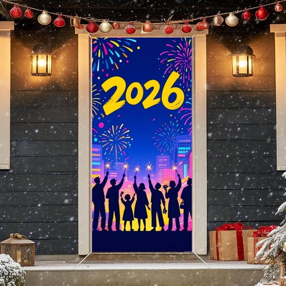 Uxgjfwu 2026 New Year Party Decorations, Happy New Year Banner Door Curtain Backdrop, Festive Hanging Cloth for Wall Doorway Window Holiday Celebration