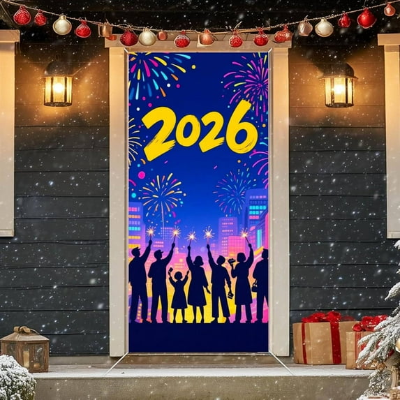 Uxgjfwu 2026 New Year Party Decorations, Happy New Year Banner Door Curtain Backdrop, Festive Hanging Cloth for Wall Doorway Window Holiday Celebration
