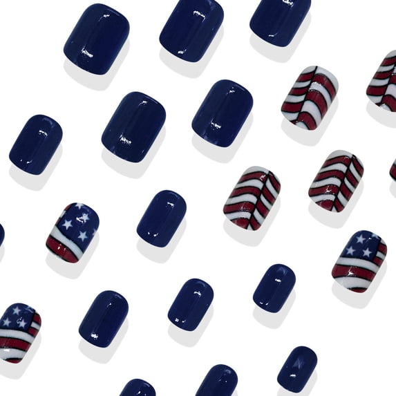 Uxgjfwu 24Pcs 4th Of July Press On Nails, Patriotic Flag Fake Nails, Short Design Glue On Nails, Easy To Apply for Independence Day Holiday Nail Decorations